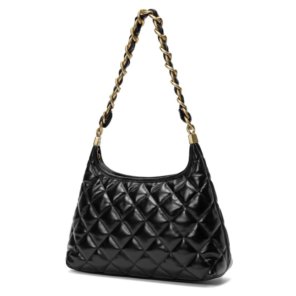 Quilted Black Shoulder Bag with Gold Chain Handle - Women